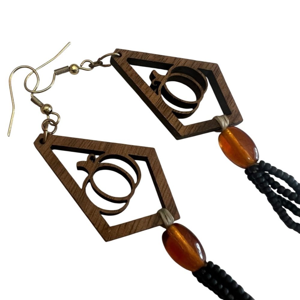 Artisian Fall Pumpkin Wood Seed Bead Dangle Pierced Earrings Boho - Picture 3 of 7